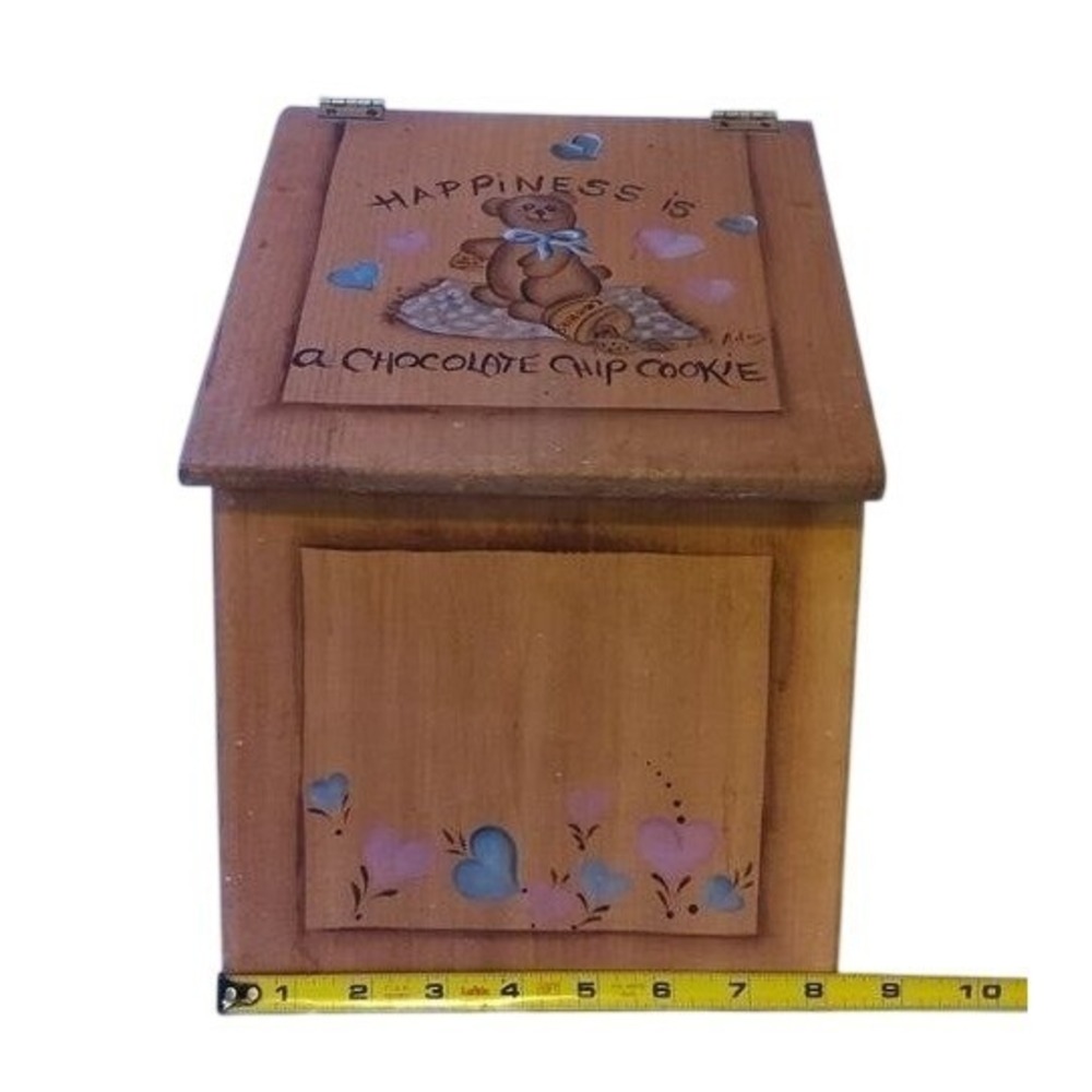 Vtg teddy bear & hearts Wood Cookie Box Farmhouse Cottagecore Rustic Kitchen